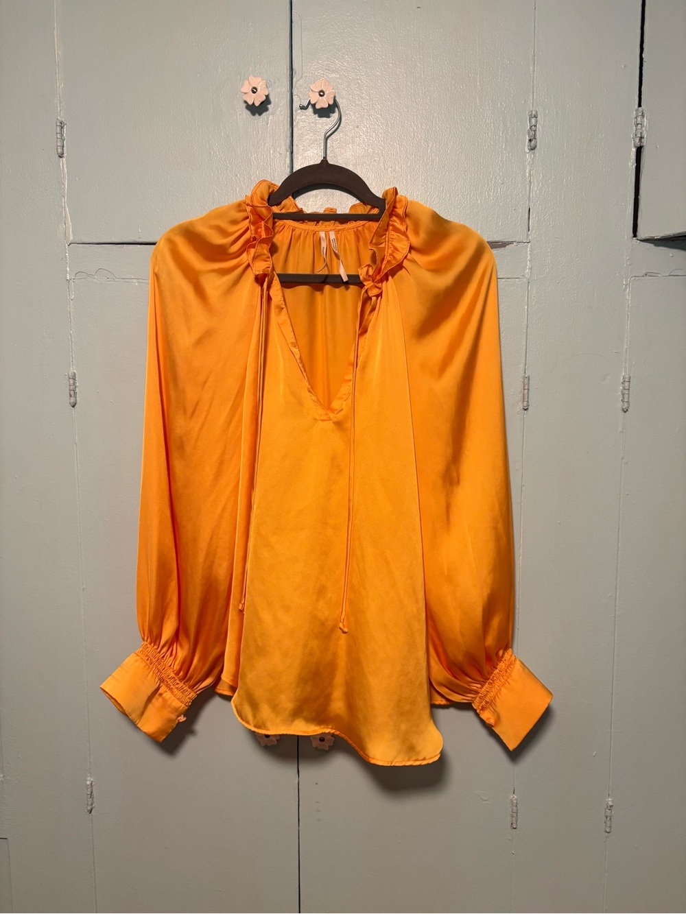 Anthropologie Bright Gold Satin Ruffled Neck Blouse